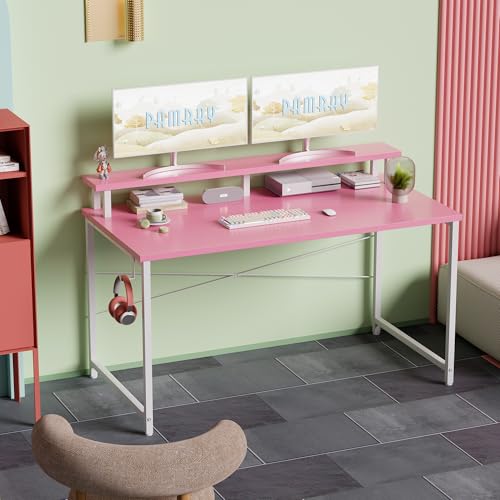 Image of Pamray 47 Inch Small Computer Desk with Monitor Stand, Simple Office Desk with Headphone Hook for Small Spaces, Kids Study Writing Table for Bedroom, Pink