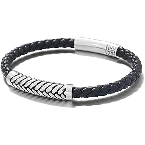 Mens Bracelet 925 Sterling Silver Herringbone Pattern Genuine Leather Bracelet Braided Rope Spiritual Charm with Push Button Locking STAINLESS STEEL Clasp Gift For Him - FootPrint Collection Cover