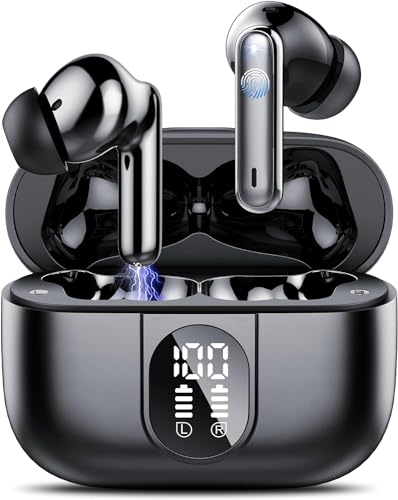 Csasan Auriculares Inalámbricos, Bluetooth 5.3 HiFi Estéreo con 4HD Micró, Reproducción de 40H Pantalla LED Cascos Inalambricos, Control Táctil, IPX7 Impermeable, Carga Rápida USB-C[2026]