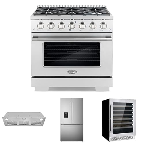 COSMO 4-Piece Kitchen Appliance Packages, 36" Gas Range, 36" Insert Range Hood, 36" French Door Refrigerator and 48-Bottle Wine Cooler