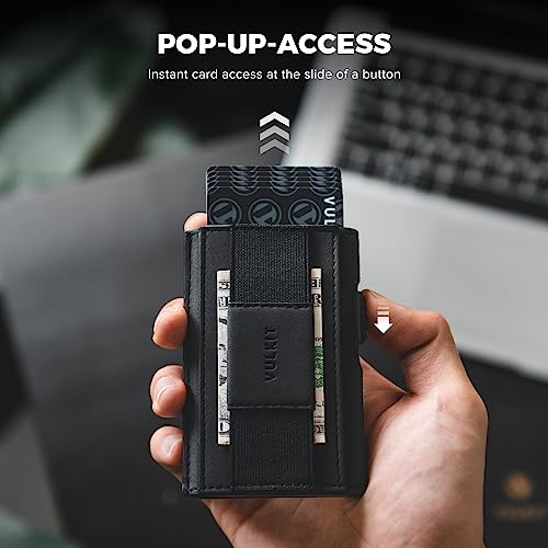 VULKIT Mens Minimalist Wallet for Max. 8 Cards with Pop-Up Credit Card Ejector RFID Blocking, ID Window and Elastic Strap for Bills or Keyring, Gift Box Packed, Black2