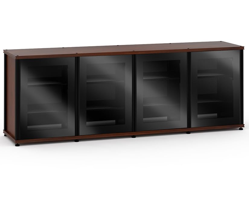 Salamander Designs Synergy Model 347 Quad-Width AV Cabinet, Dark Walnut finish with black glass doors and black posts.