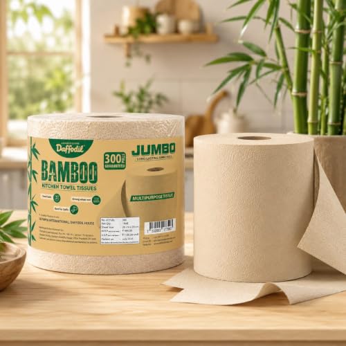 Image of DAFFODIL Jumbo 2 Ply Bamboo Kitchen Towels - 300 Pulls, Pack of 1 Roll | 100% Pure Bamboo Pulp | Eco-Friendly | Super Absorbent | Food Safe | Strong & Soft Disposable Kitchen Tissue Roll