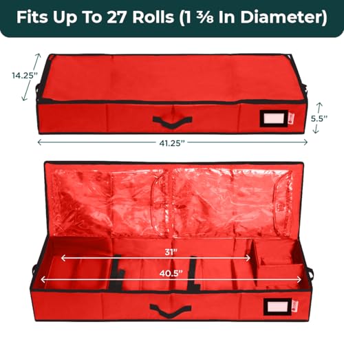 HOLDN’ STORAGE Premium Wrapping Paper Storage Container - Durable 600D Tear-Proof, Fits 27 Rolls Gift Wrap, Extra Pockets for Ribbons & Bows, Underbed Storage - Ideal for Holiday Christmas, Red
