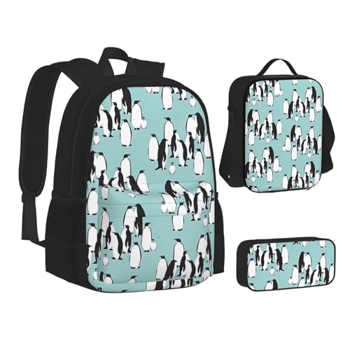 Sac à dos pingouins mignons anti-fuite de repas - Set 3 en 1 WURTON noir avec trousse d'école
