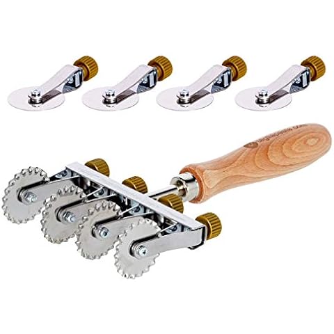 Tagliapasta Fresh Pastry Cutter Wheel | 4 Adjustable Smooth Blades + Saving Kit 4 Toothed Blades | Diameter 36 mm Stainless Steel and Wooden Handle | Pasta Cutter [Made in Italy] Cover