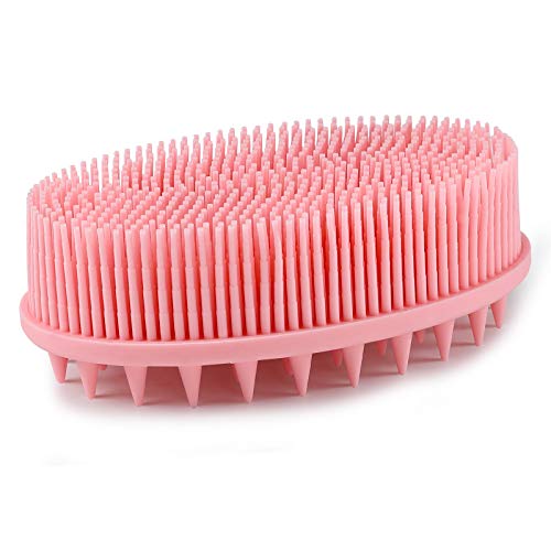 Exfoliating Silicone Body Brush,2 in 1 Bath and Shampoo Brush,Wet and Dry Scalp Massager,Premium Silicone Loofah,Lathers Well,Eco Friendly Easy to Clean,With soap stand(Pink?