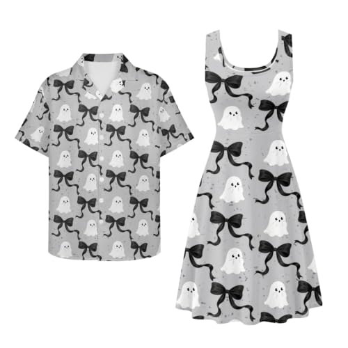 Image of Dreaweet Summer Dresses for Women A-Line Sleeveless Flowy Sun Dresses,Men's Casual Button-Down Shirts,Couple Matching Outfits