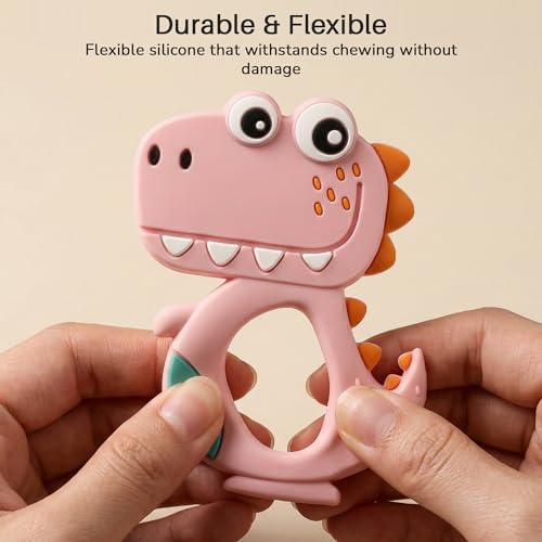 Image of Baybee Silicone Baby Teether for Teething Gums, Manhattan Teething Rattle Toy with Loops Ring, 100% Food Grade Silicone & BPA Free Teether Toy for Babies, Chew Teether for 6 to 12 Months (Dinosaur Pink)