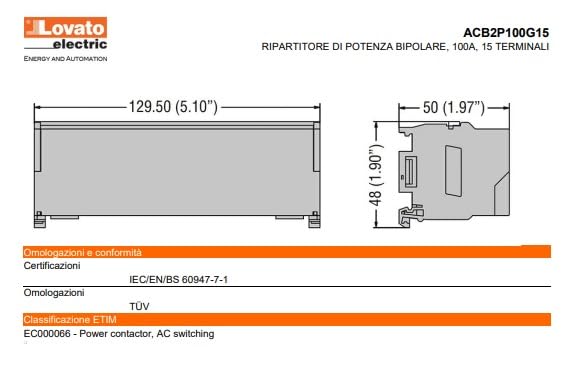 Distribuidor 2P 100 A Lovato ACB2P100G15 de 15 conexiones para cuadros eléctricos 3