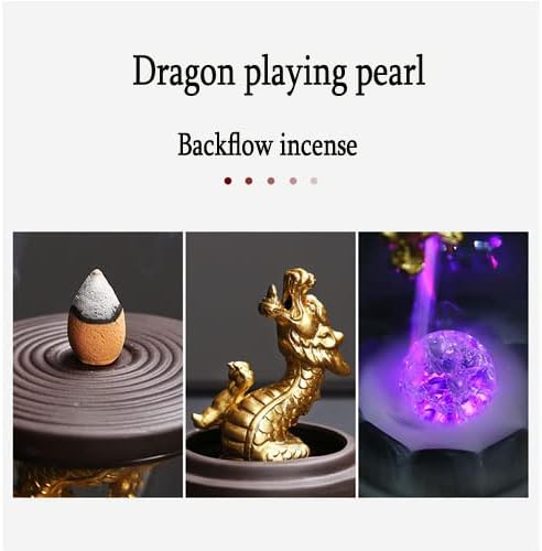 Miniatura 5 de Soporte de incienso de reflujo, quemador de incienso de cerámica hecho a mano, dragón dorado, con luz LED y cubierta acrílica resistente al viento,