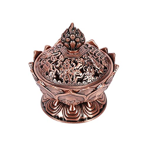 Incense Burner, Bronze Antique Chinese Asian Style Lotus Flower Incense Burner Pot Backflow Smoke Incense Burner Stick Cone Holder Zen Buddha Buddhist Meditation Decor Gift Set(Red Bronze) #TOP2