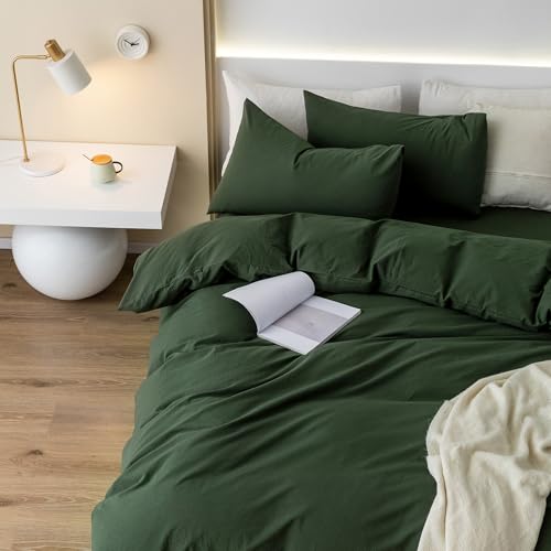 JIYUAN 100% Washed Cotton Duvet Cover Set 3 Pieces Super King, 1 Duvet Cover 108x98 Inches(Comforter Not Included) and 2 Pillowcases,Linen Feel Bedding Set Comfy and Breathable,Forest Green