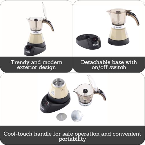 Image of IMUSA 3 or 2 Cup Electric Almond Espresso Maker, Compact Moka Coffee Machine with Keep Warm Function, Detachable Base, Milk Coffee Brewer for Cuban, Italian & Espresso Drinks