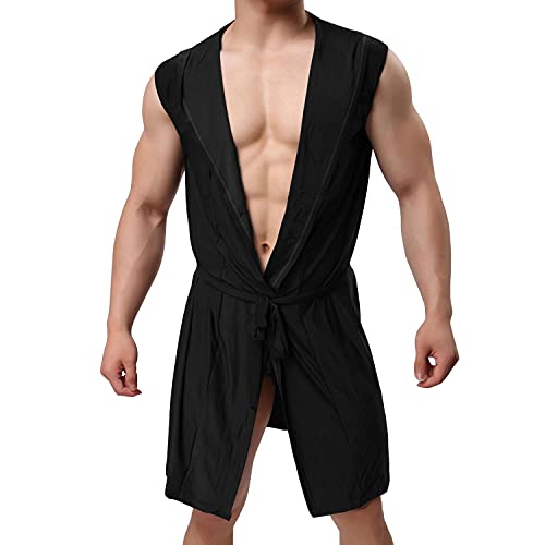Lu's Chic Men's Silk Kimono Robe Hooded Bathrobe Sleeveless Lightweight Sleepwear Pajamas