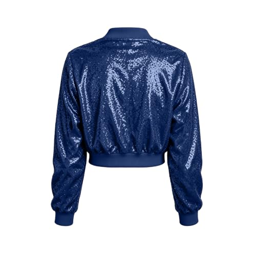 Hrwauag Womens Sparkle Sequins Cropped Jacket Fall Casual Long Sleeve Zipper Rib Cuff Collar Hem Bomber Coat for Concert Evening - image 6