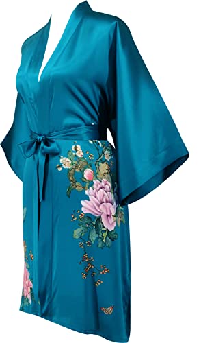 Kwedhonjh Women's 100% Silk Kimono, Short Bathrobe Pajamas, Kimono Pajamas (Peony Flower Molan) #TOP6