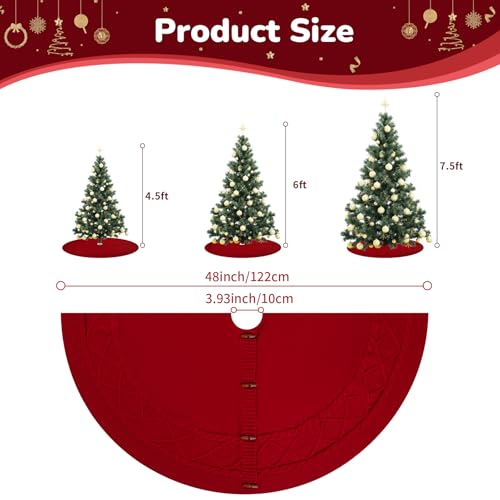Christmas-Tree-Skirt-48-Inch-Cable-Knit-Pattern-Luxury-Xmas-Holiday-Decoration-Thick-Rustic-Fabric-Home-Party-Decor-Red Christmas Tree Skirt 48 Inch Cable Knit Pattern Luxury Xmas Holiday Decoration Thick Rustic Fabric Home Party Decor Red