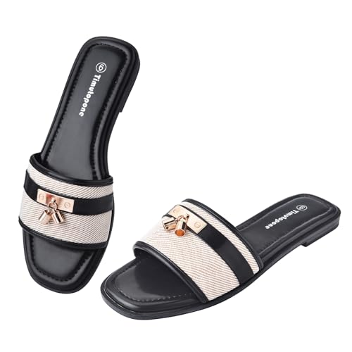 Timutopone Dressy Flat Sandals for Women Elegant Summer Comfortable Slides Sandal 2026 Trendy Fashion Square Open Toe Slip On Slippers Wide width Size 6-11 (01 Black/Beige, 9#)