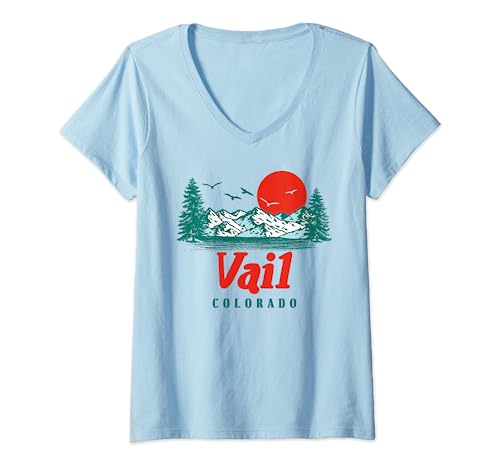 Retro Vail Colorado Mountain Trees & Sun Scene Graphic Maglietta con Collo a V