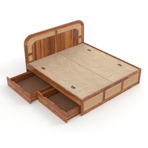 Image of Sheesham Wood Cane Bed with Drawer Storage for Bedroom | Queen Size Wooden Double Bed Palang with Curved Rattan Headboard & Footboard (Honey Finish)