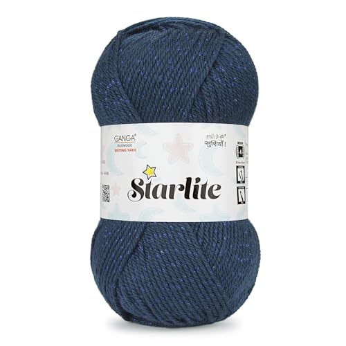 Image of Ganga Acrowools Cotton Starlite, 99% Anti Pill Yarn 1% Metal, Hand Knitting Yarn Oekotex Class1 Certified (Stl007-Midnight Blue), 100 Gram