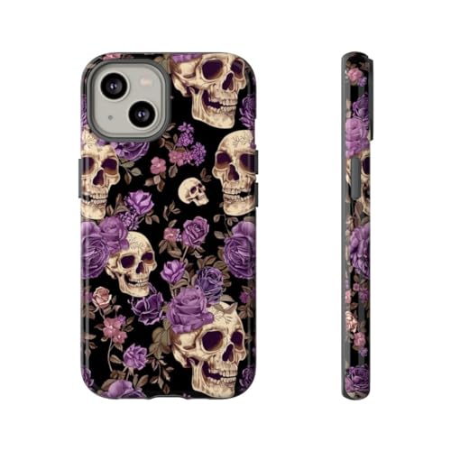 Coque brillante pour iPhone 14 finition premium motif roses et crânes