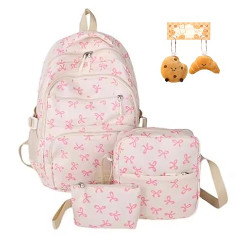 Bow Backpack for Girls, School Bookbag 3pcs Set for Teens Girls Preppy Pink Bows, Travel Laptop Backpack Casual Daypacks (White 