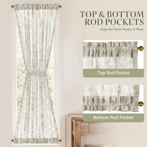 Image of jinchan Alice Floral French Door Curtain Farmhouse Linen for Sliding Glass Door 72 Inches 1 Panel with Tieback Light Filtering Curtain for Window Patio Rod Pocket Green on Linen