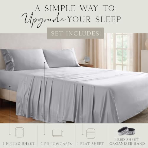 Image of KARISSA MAE Luxury Bamboo Viscose Full Size Sheet Set | FSC Certified | Cooling | Ultra Soft | 18 inch Deep Pockets | Elastic Corner Straps | Includes Organizer Band [Grey Mist]