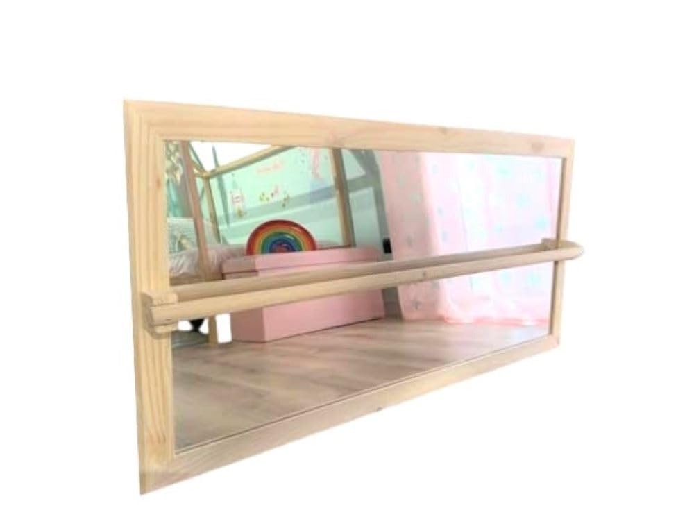 Espejo Montessori con barra de madera y espejo de seguridad irromplible para bebés, tamaño mediano 70x40cm.
