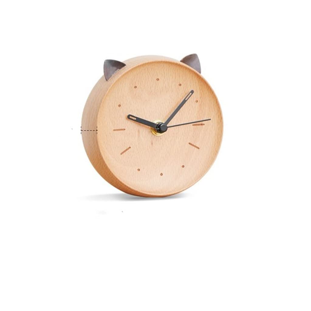 CGTENBS Silent Clock Home Bedroom Bedside Clock Cat Shaped Desktop Clock Solid Wood Alarm Clock