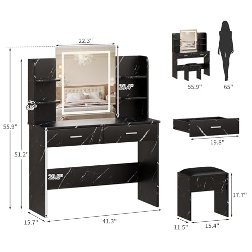 GarveeHome Vanity Desk with Mirror and Lights, Makeup Vanity Set w/Desk and Stool, Power Outlet, Vanity Table w/6 Storage Shelves, 2 Large Drawers and 3 Color Adjustable Brightness (Marble-Black)