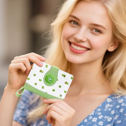 Image of Cute Print Wallet Blueberry Strawberry Cherry Wallet with Credit Card Holder Zipper Coin Purse for Women Girls (KIWI)