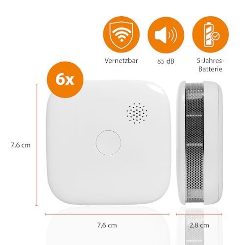 Smartwares Interkonnektierbarer Rauchmelder 6er-Pack - Kopplung von bis zu 24 Meldern - 5-Jahres-Batterie - Optischer Sensor - Leuchtanzeige - Testknopf - Geräuschlose Funktion - FSM-11656