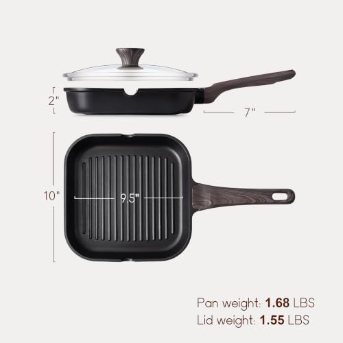 Image of SENSARTE Nonstick Grill Pan with Lid, Grill Pan for Stove Tops, Versatile Griddle with Pour Spouts, Square Big Cooking Surface, Durable Skillet Indoor & Outdoor Grilling. PFOA Free, 9.5 Inch