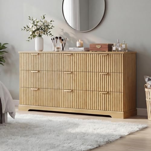 Image of Wooden 9 Drawer Dresser for Bedroom, Fluted Dresser with Storage and Metal Handle, Modern Chest of Drawers for Living Room, Entryway, Natural Oak