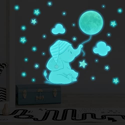 Stickers Muraux Éléphant Lumineux Autocollant Mural Lune Étoile Fluorescent Phosphorescentes Stickers Mural Amovible Bébé Garcon Fille Autocollant Mural...