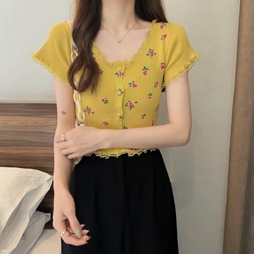 Image of ICW Women's Korean Style Round Neck Half Sleeve Button-Up Floral Knitted Crop Top T-Shirt for Girls DN286 (One Size Fit XS-S)