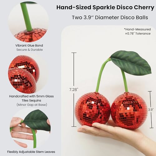Juego de decoración disco cereza y seta: decoración roja de cereza con soporte y seta disco plateada con espejo reflectante para dormitorio, fiesta o habitación universitaria miniatura 2