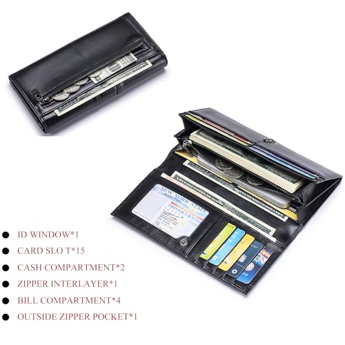 LUKZIJAES Wallets for Women Slim Long RFID Blocking Ladies Genuine Leather Bifold Wallet Womens with ID Window Coin Pocket (#1-Black) 6