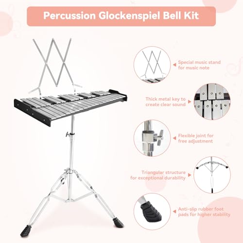 Image of 32 Notes Glockenspiel Xylophone Bell Kit, Professional Xylophones for Beginner with Adjustable Stand, Music Stand, Sticks, Aluminum Percussion Instrument Set for Adult (silvery)