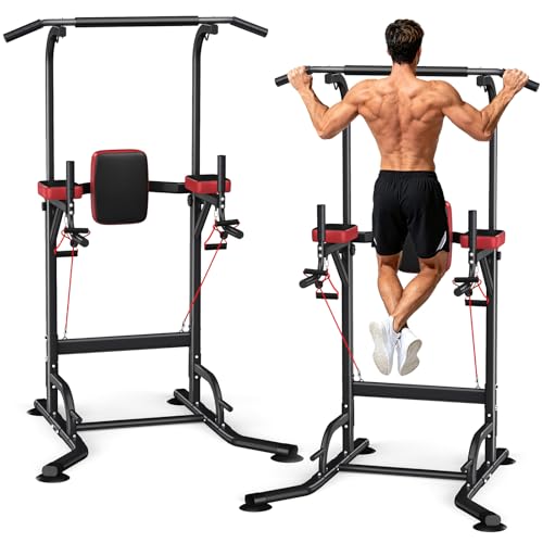 Dskeuzeew Power Tower Pull Up Bar Station for Home Gym Strength, 450LBS Pull Up Dip Station Assistive Trainer Height Adjustable with Elastic Ropes, Pull Up Bar Free Standing Heavy-Duty Fitness Equipment