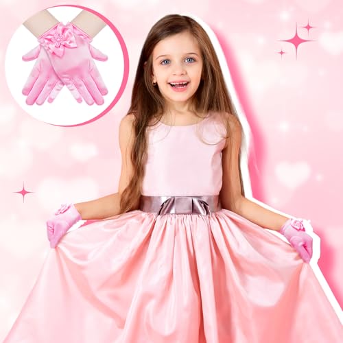 Bencailor 3 Pieces Girls Satin Gloves Tea Party Little Girls Princess Dressing Gloves for Wedding First Communion Cosplay(Bow Dress Style, White, Red, Pink)4