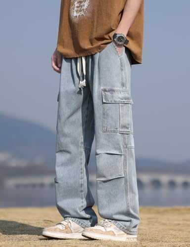 Kinghua Cargo Jeans Men Spring Fall Elastic Waist Drawstring Vintage Streetwear Trousers Baggy Denim Pants with Pockets2