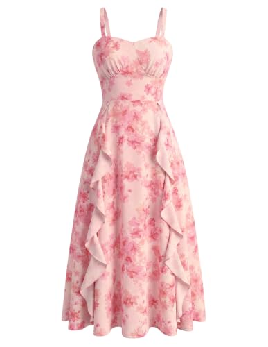 Image of Belle Poque Sun Dresses for Women Spring Summer Floral Midi Flowy Spaghetti Ruffle Wedding Guest Tea Party Dress