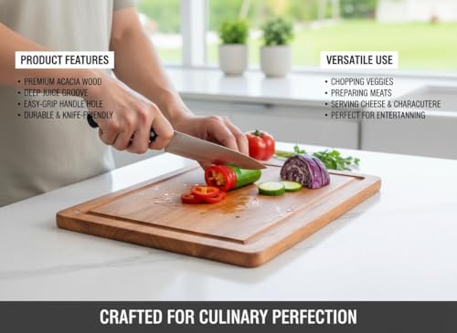 Tabla de Cortar de Madera Premium de Acacia, 40,6 x 30,5 x 1,5 cm – Tabla Reversible para Cocina con Ranura para Jugos, Ideal para Carnes, Verduras, Frutas y Pan miniatura 2