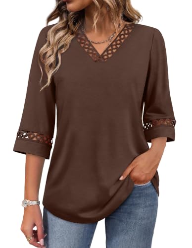 Image of WIHOLL Womens Tops Eyelet Lace V Neck 3 /4 Bell Sleeve Blouses Dressy Casual Work Shirt 2026 Summer Fall Fashion Clothing