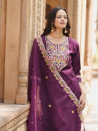 Image of VredeVogel Kurta Set with Dupatta | Viscose Rayon Embroidered Kurta Set for Women | Women's Ethnic Casual Kurti Set |Kurta Pant Festive Suit