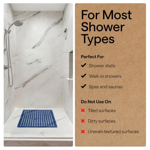 Image of GORILLA GRIP Patented Square Shower Stall Mat, Small Bathtub Floor Mats for Stand Up Showers, Suction Cups and Drainage Holes, Machine Wash, Soft on Feet, Bathroom Accessories 21x21 Inch, Navy Blue